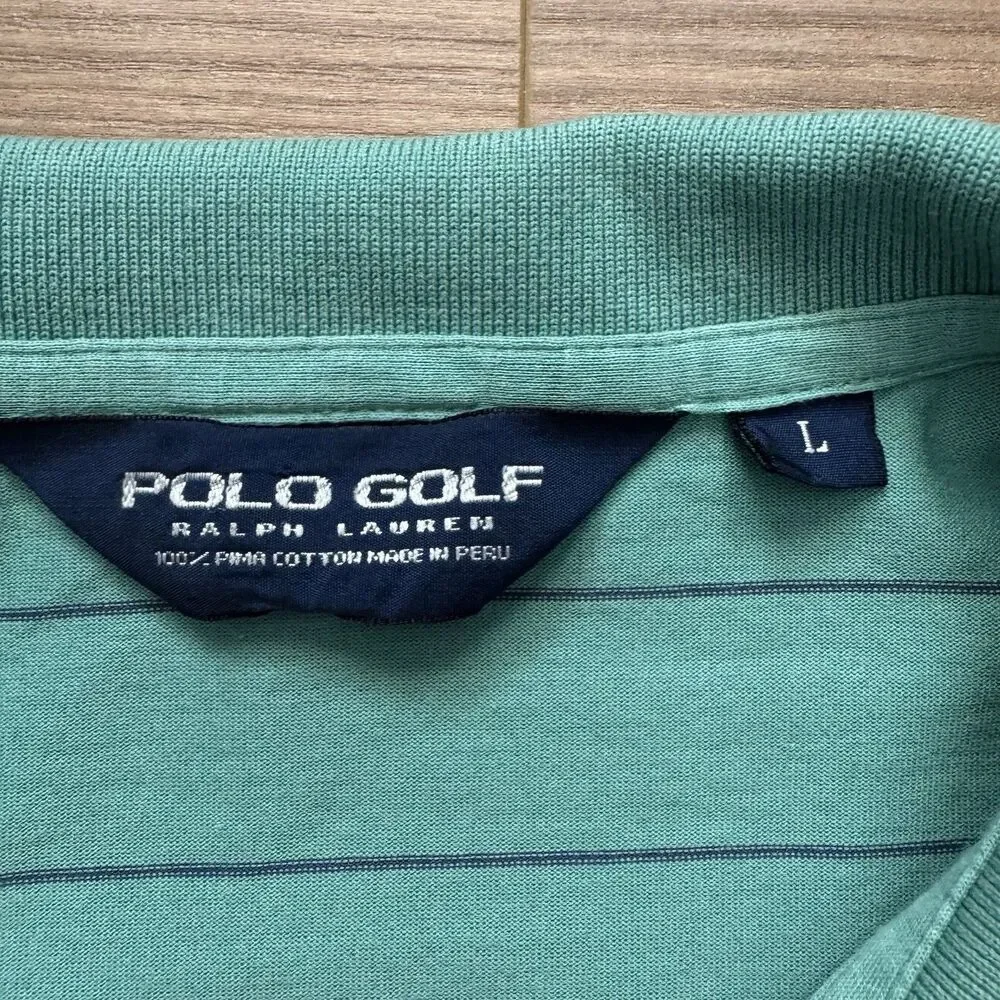 Polo Golf Ralph Lauren Polo Shirt Mens L Green Blue Striped Pima Cotton Knit